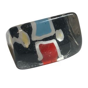 Vintage Acrylic Lucite Cocktail Ring Size 6 6.5 Black White Geometric Hand Made